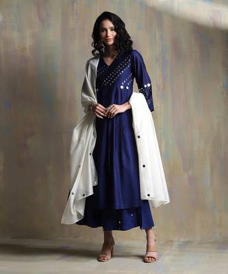 Sapphire Blue Chanderi Anarkali Suit With Mirror Work Embroidery 1