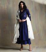 Sapphire Blue Chanderi Anarkali Suit With Mirror Work Embroidery