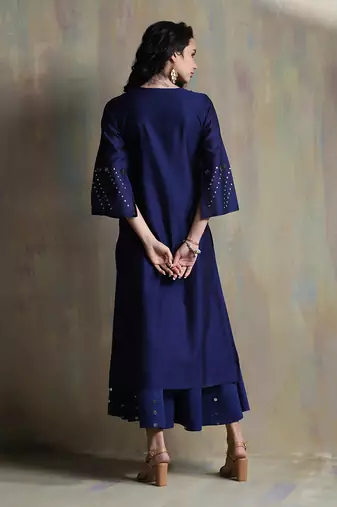 Sapphire Blue Chanderi Anarkali Suit With Mirror Work Embroidery