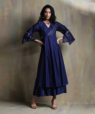 Sapphire Blue Chanderi Anarkali Suit With Mirror Work Embroidery 3