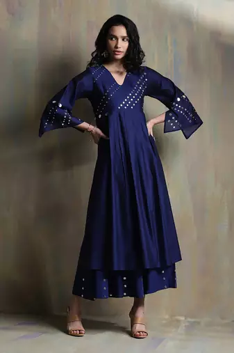 Sapphire Blue Chanderi Anarkali Suit With Mirror Work Embroidery