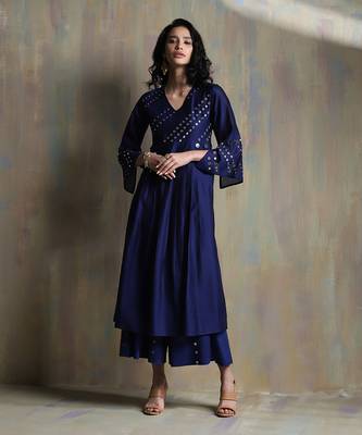 Sapphire Blue Chanderi Anarkali Suit With Mirror Work Embroidery 4