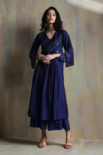 Sapphire Blue Chanderi Anarkali Suit With Mirror Work Embroidery