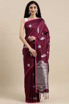 Wine woven banarasi silk saree with blouse
