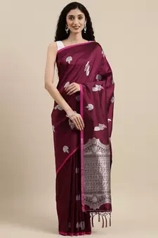 Wine woven banarasi silk saree with blouse