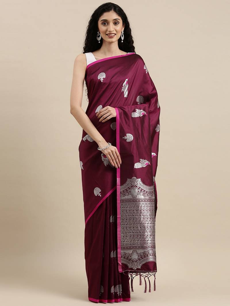 Wine woven banarasi silk saree with blouse