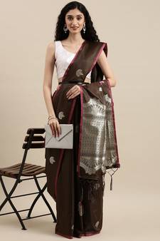 Brown woven banarasi silk saree with blouse