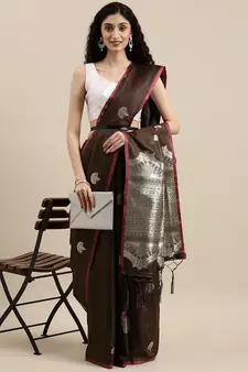 Brown woven banarasi silk saree with blouse