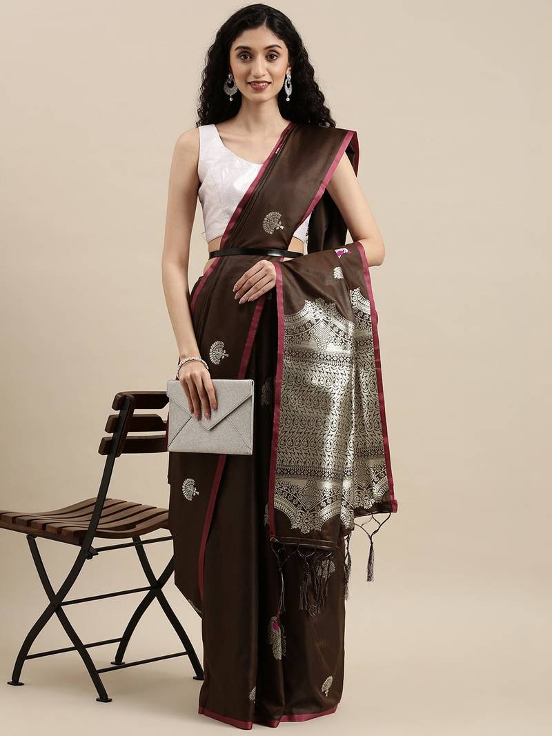 Brown woven banarasi silk saree with blouse