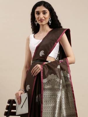 Brown woven banarasi silk saree with blouse 3