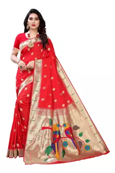 Red woven banarasi silk saree with blouse