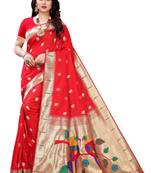 Red woven banarasi silk saree with blouse