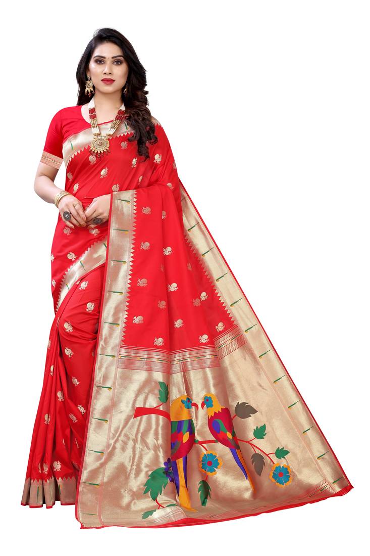Red woven banarasi silk saree with blouse