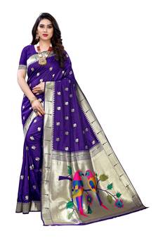 Blue woven banarasi silk saree with blouse