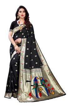 Black woven banarasi silk saree with blouse