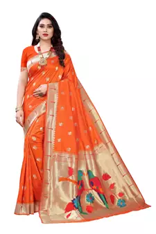 Orange woven banarasi silk saree with blouse