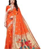 Orange woven banarasi silk saree with blouse