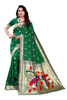Green woven banarasi silk saree with blouse