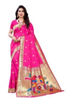 Pink woven banarasi silk saree with blouse