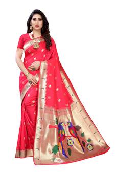 Baby pink woven banarasi silk saree with blouse