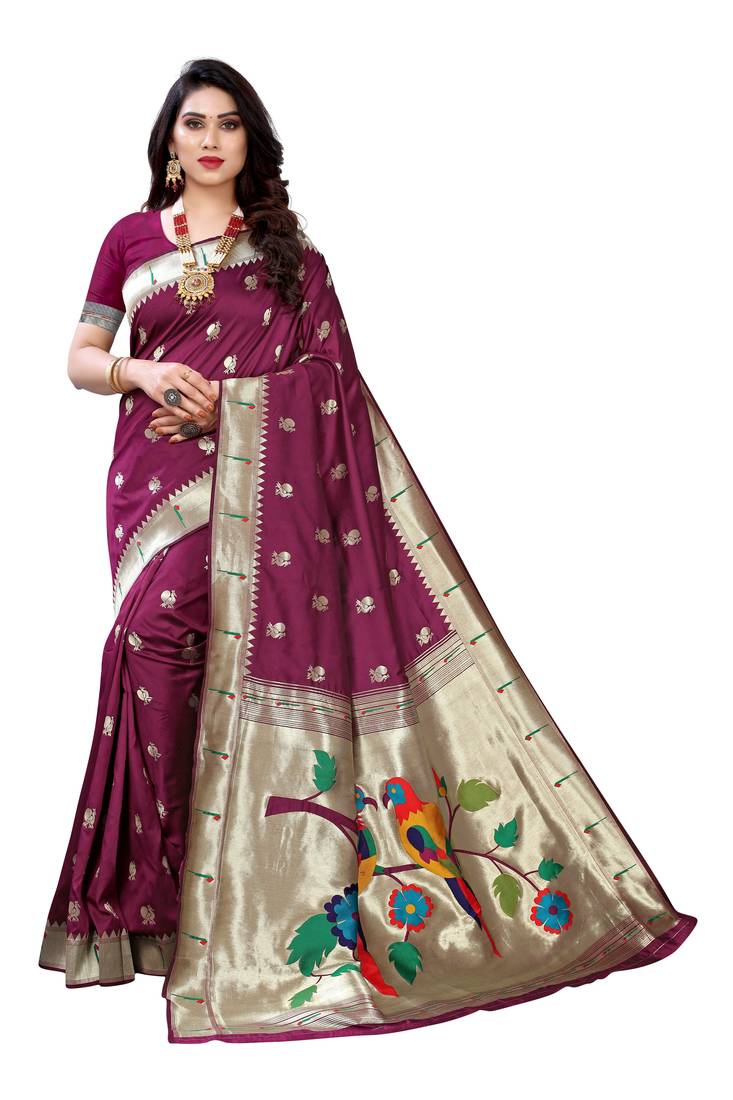 Purple woven banarasi silk saree with blouse