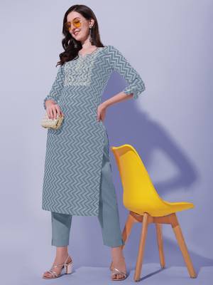 Grey Rayon Embroidery Printed Kurta 5