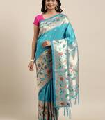 Teal woven Banarasi silk blend saree with blouse
