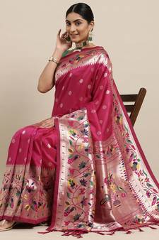 Wine woven Banarasi silk blend saree with blouse