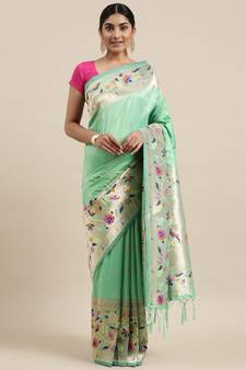 Light parrot green woven Banarasi silk blend saree with blouse