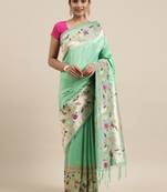 Light parrot green woven Banarasi silk blend saree with blouse