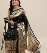 Black woven banarasi silk saree with blouse