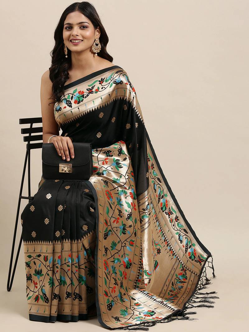 Black woven banarasi silk saree with blouse