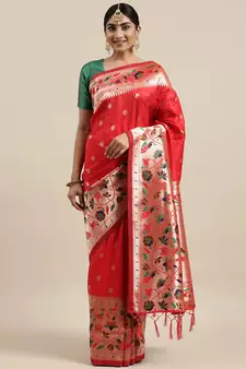 Red woven banarasi silk saree with blouse