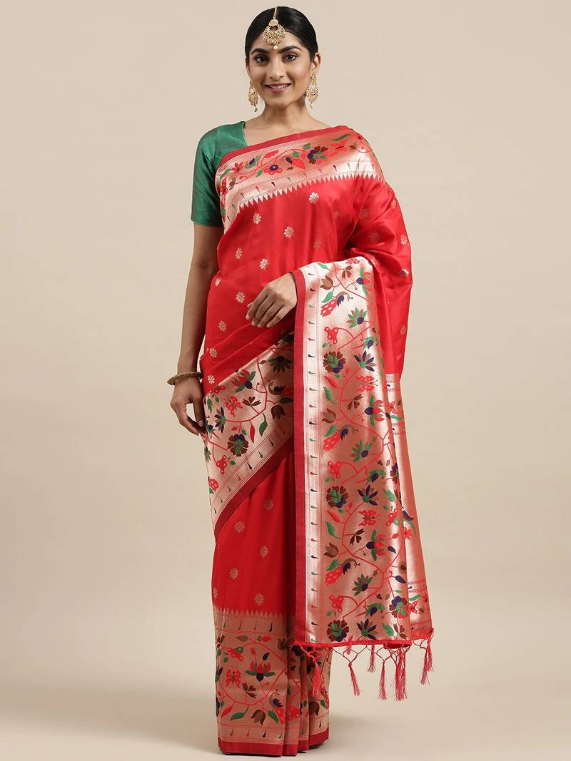 Red woven banarasi silk saree with blouse