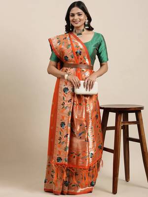 Orange woven banarasi silk saree with blouse 1