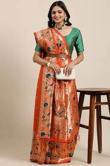 Orange woven banarasi silk saree with blouse