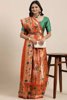 Orange woven banarasi silk saree with blouse