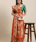 Orange woven banarasi silk saree with blouse