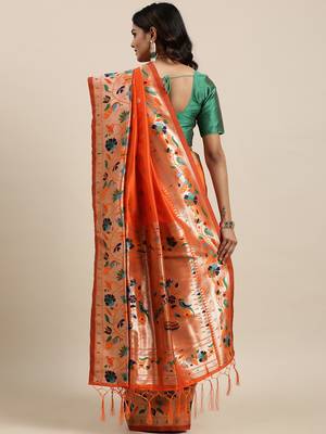 Orange woven banarasi silk saree with blouse 2