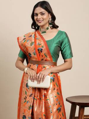 Orange woven banarasi silk saree with blouse 3