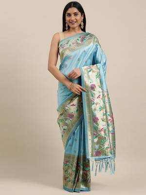 Light teal woven Banarasi silk blend saree with blouse 1