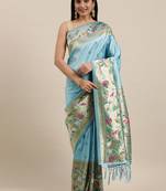 Light teal woven Banarasi silk blend saree with blouse