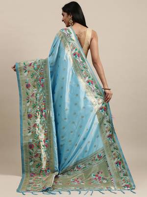 Light teal woven Banarasi silk blend saree with blouse 2