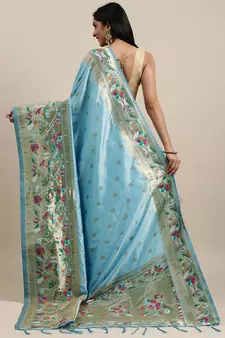 Light teal woven Banarasi silk blend saree with blouse
