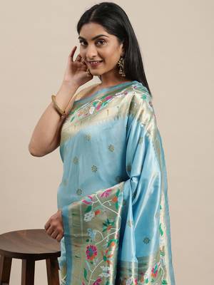 Light teal woven Banarasi silk blend saree with blouse 3