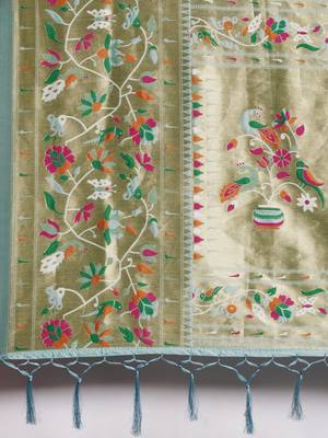 Light teal woven Banarasi silk blend saree with blouse 4