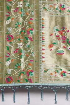 Light teal woven Banarasi silk blend saree with blouse