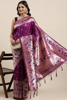 Purple woven Banarasi silk blend saree with blouse