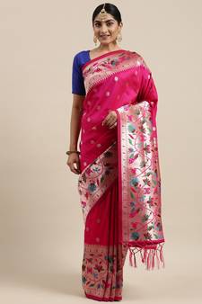 Dark pink woven Banarasi silk blend saree with blouse