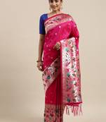 Dark pink woven Banarasi silk blend saree with blouse